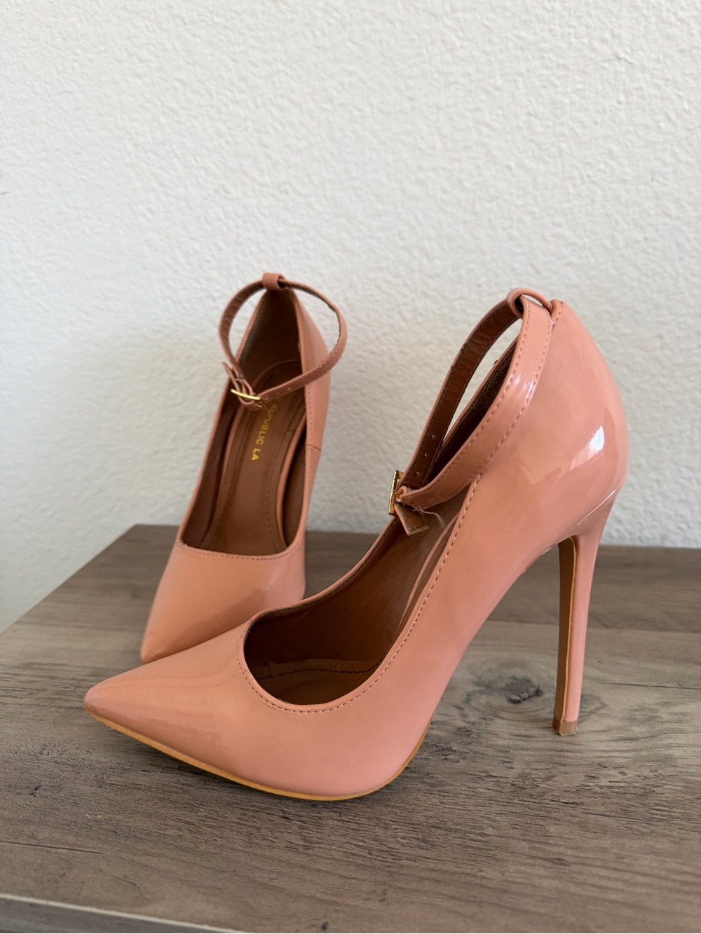 Patent Ankle-Strap Pointed Toe Pumps - Peach